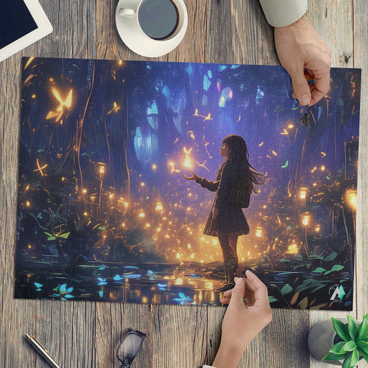 Girl in forest with butterflies, featured in Forest of Magic IV Puzzle. Available in 500 and 1000 pieces, crafted from premium ivory cardboard.