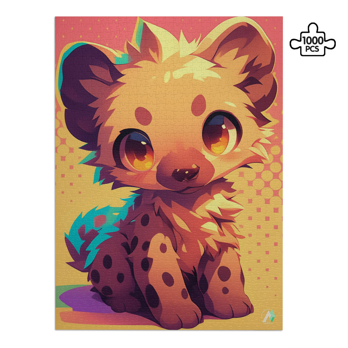 Chibi Safari Hyena Puzzle: a jigsaw puzzle featuring a hyena design, available in 500 or 1000 pieces, crafted from premium ivory cardboard with a satin finish.