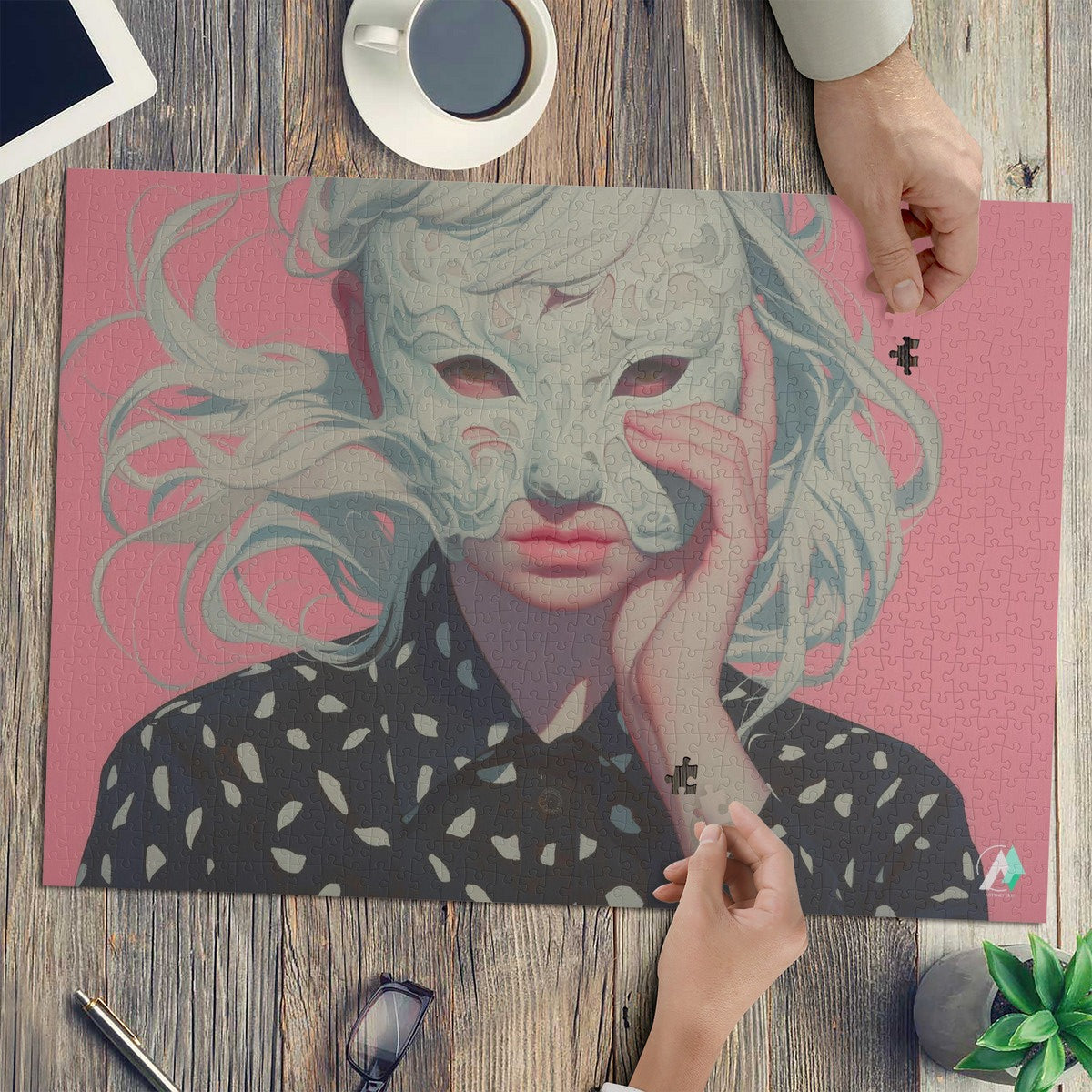 Surreal Feminine IV Puzzle featuring a woman with a mask. Available in 500 and 1000 pieces, crafted from premium ivory cardboard.