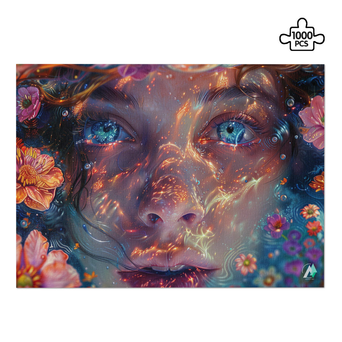 Emergence II Puzzle featuring a woman's face intertwined with flowers, available in 500 or 1000 pieces, crafted from premium ivory cardboard with a satin finish.