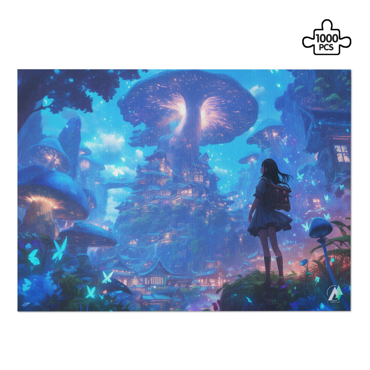 Forest of Magic IX Puzzle: A girl gazes at a whimsical mushroom city, featured in a 500 or 1000-piece premium jigsaw puzzle by artist @shinjoku13.