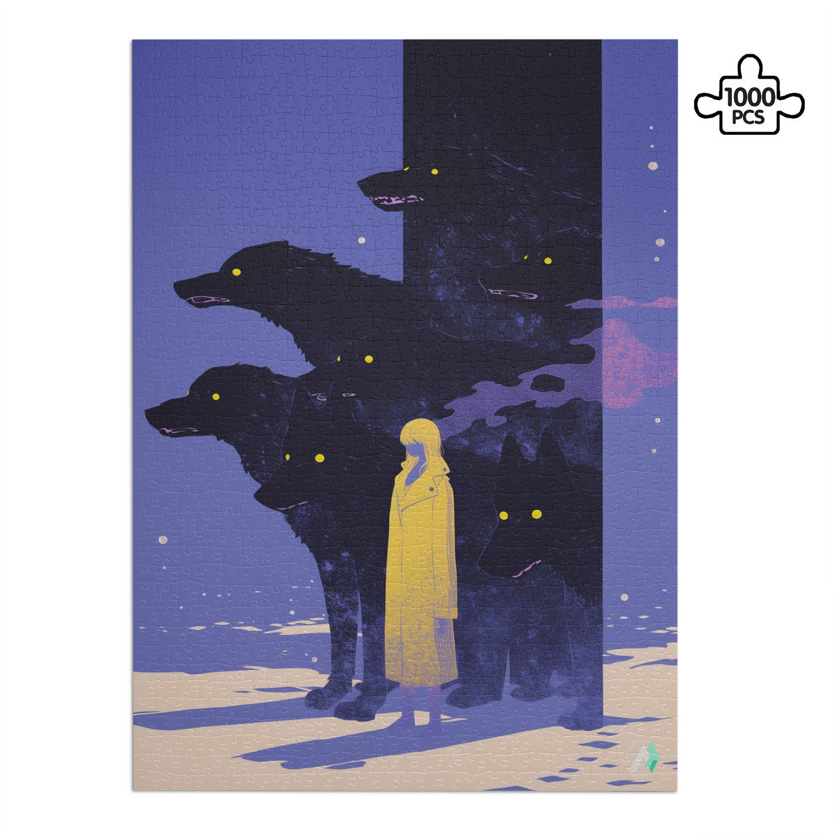 Hounds Unleashed VI Puzzle featuring artwork of a person with wolves, available in 500 or 1000 pieces, made from premium ivory cardboard.