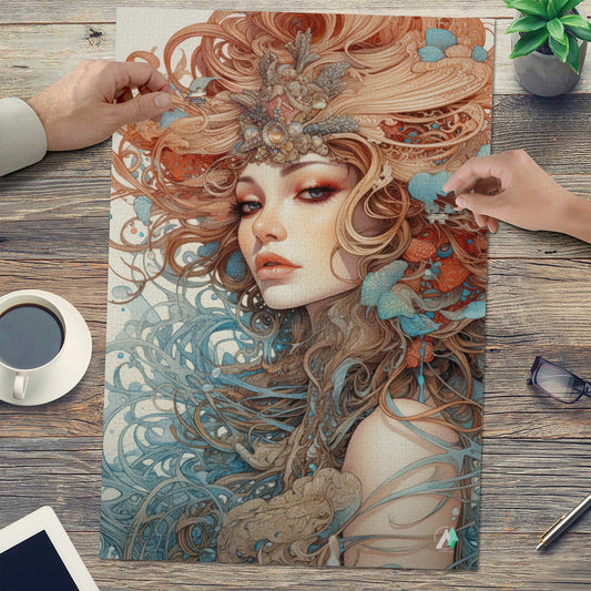 Beauty in Bloom III Puzzle featuring intricate artwork of a woman with long hair, available in 500 or 1000 pieces, crafted on premium satin-finished cardboard.