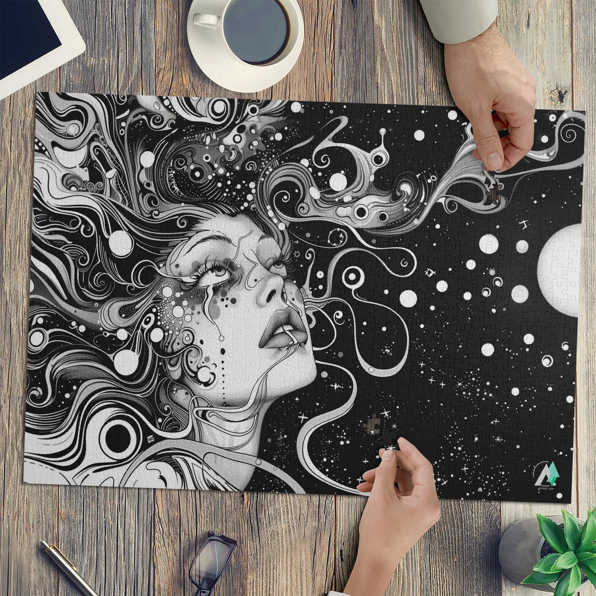 Discernment IV Puzzle features a black and white illustrated woman's face, available in 500 or 1000 pieces, crafted from premium ivory cardboard.