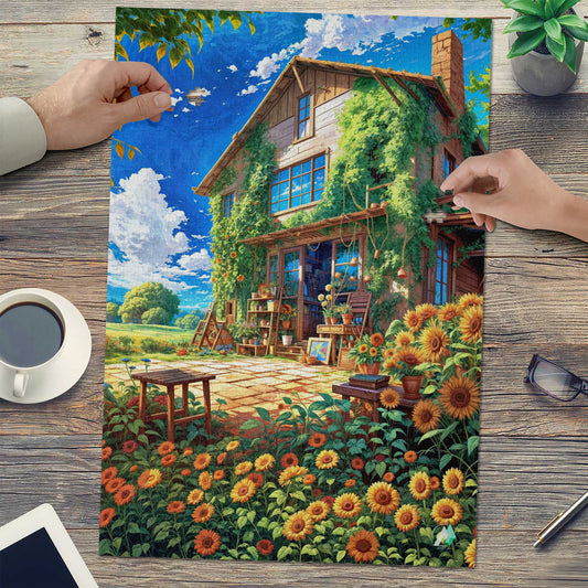 Bohemian Sunflower House Puzzle featuring a picturesque house with sunflowers, available in 500 or 1000 pieces, crafted from premium ivory cardboard.