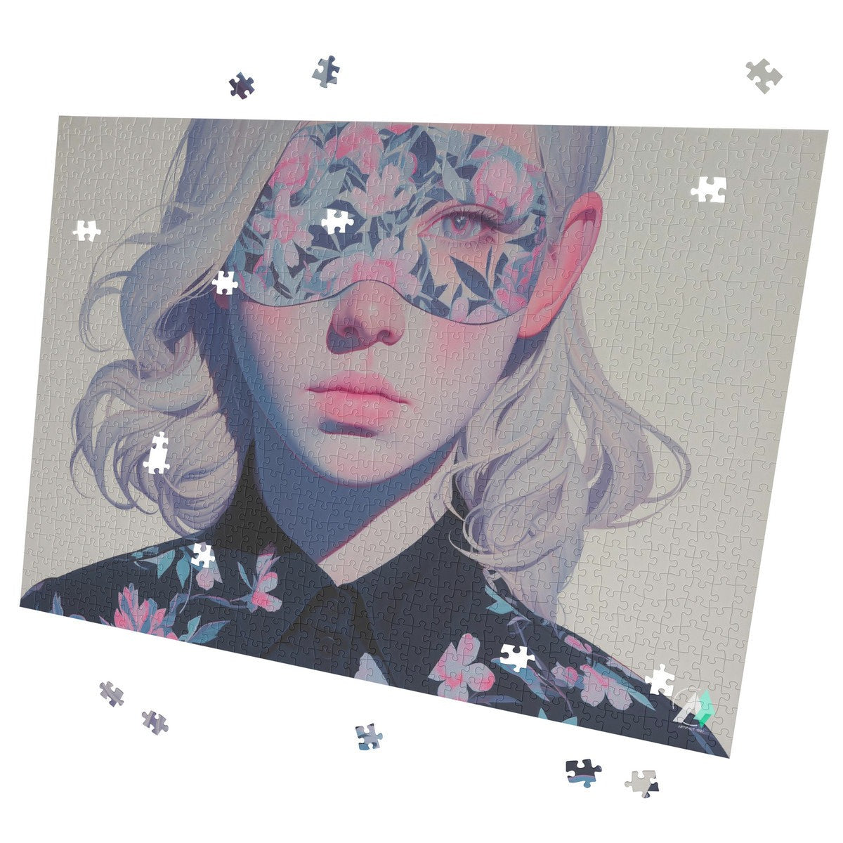 Surreal Feminine V Puzzle featuring a woman in a mask, crafted from premium ivory cardboard, available in 500 and 1000 pieces.