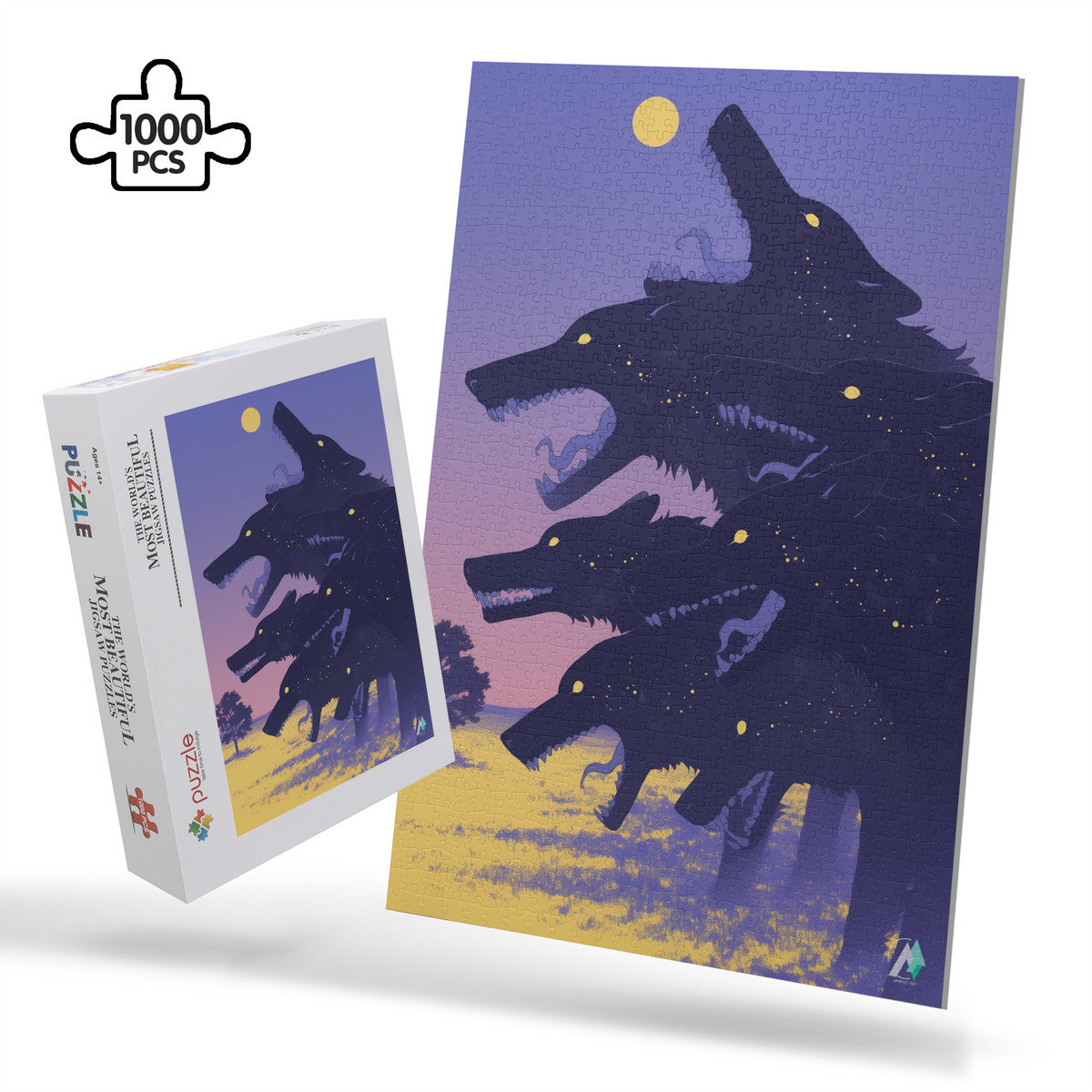 Hounds Unleashed IX Puzzle: A jigsaw puzzle depicting a group of wolves, available in 500 or 1000 pieces, crafted from premium ivory cardboard.
