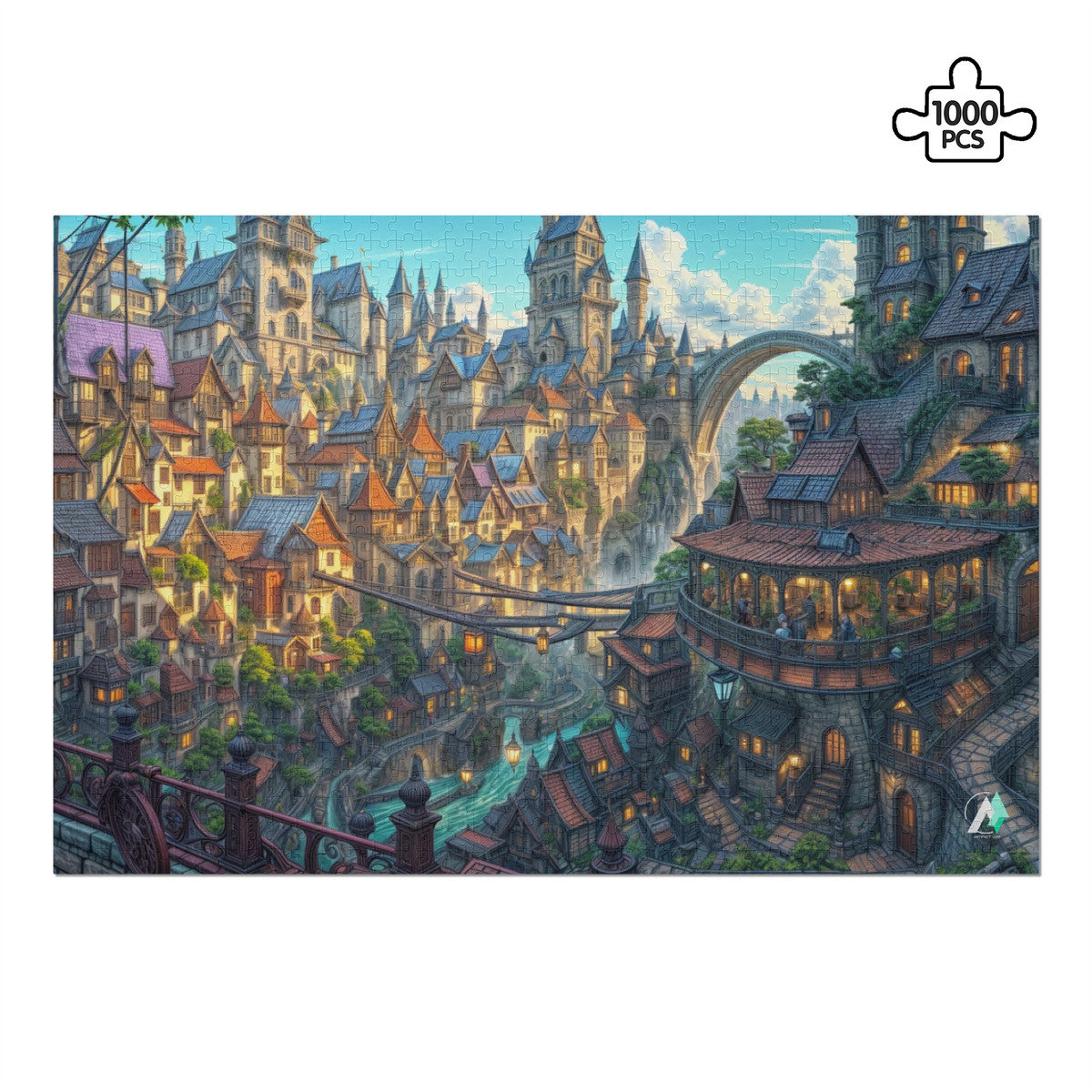 Lumina Heights Puzzle featuring a fantasy cityscape design, available in 500 or 1000 pieces, crafted from premium ivory cardboard with satin finish.