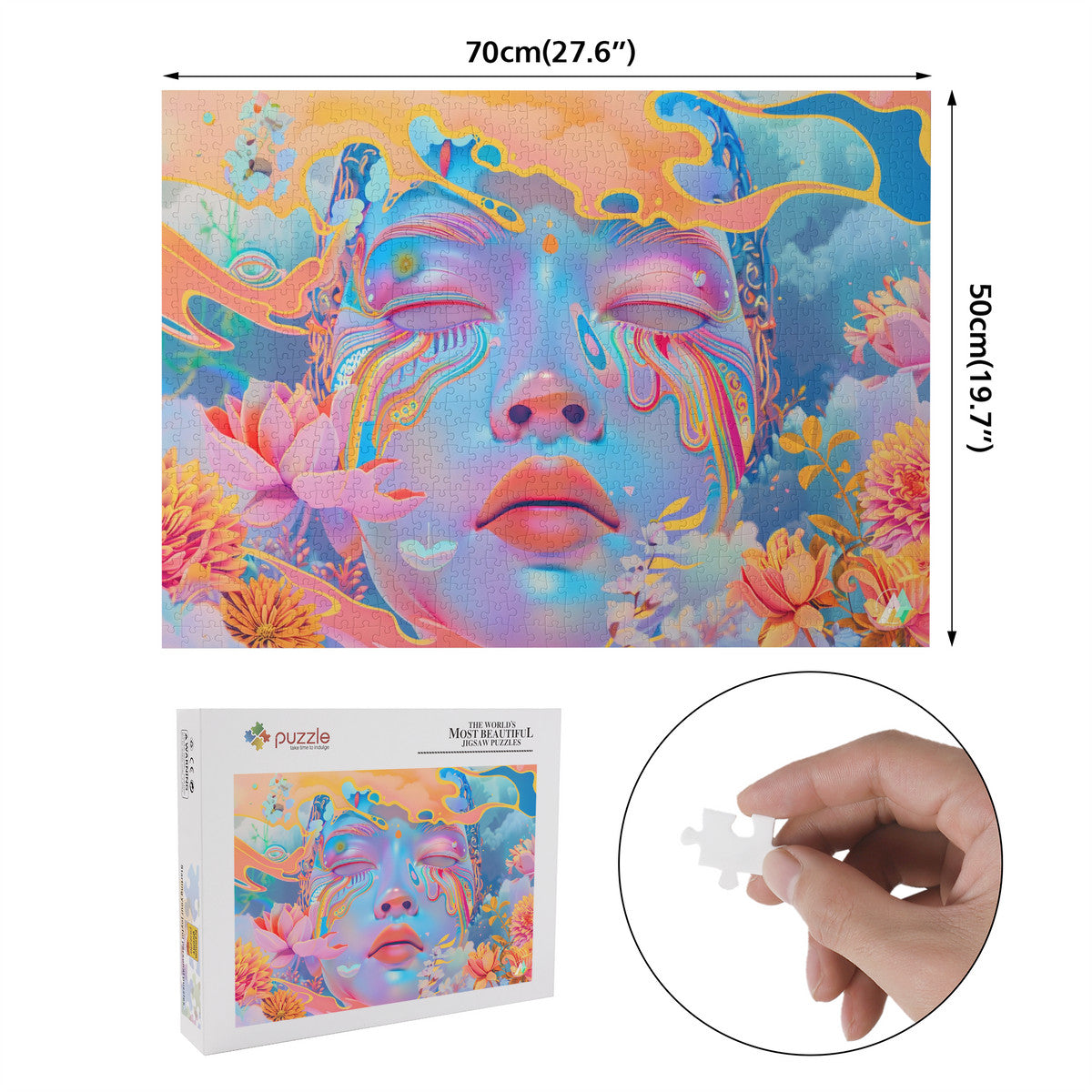 Indian Veda in Pastels I Puzzle: A 500 or 1000-piece puzzle featuring a woman's face adorned with flowers, showcasing modern art by @shinjoku13.