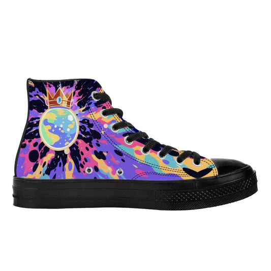 Minds Eye 🧠👁️ | 1337 High Tops feature a vibrant splattered-paint design with Earth crowned, black rubber sole, and starry cosmic accents.