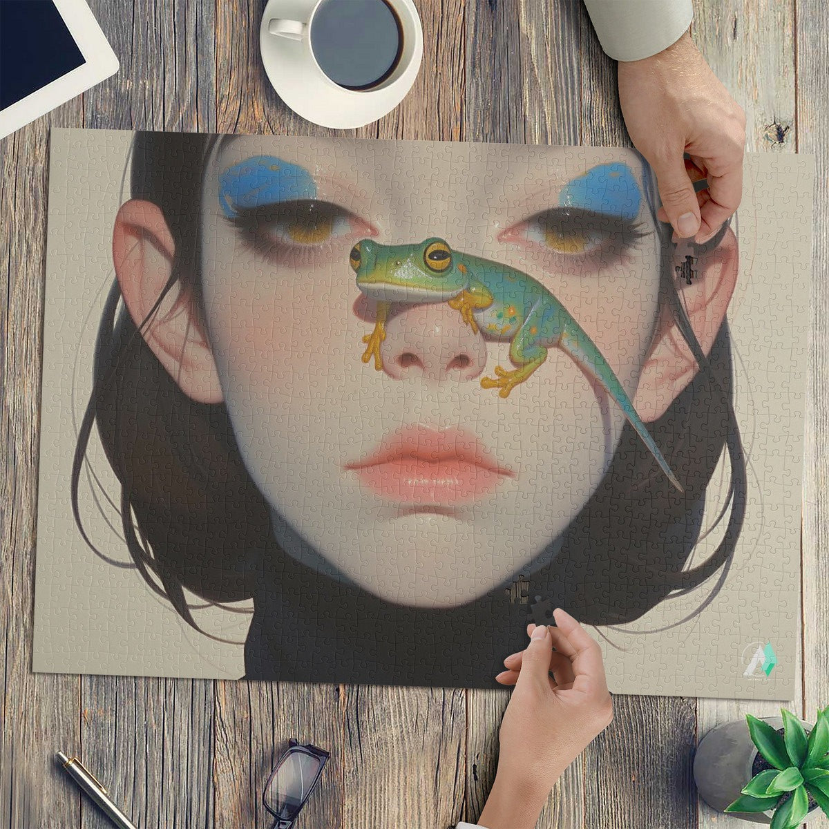 Surreal Feminine VII Puzzle depicting a woman with a lizard on her nose, crafted from premium ivory cardboard, available in 500 and 1000 pieces.