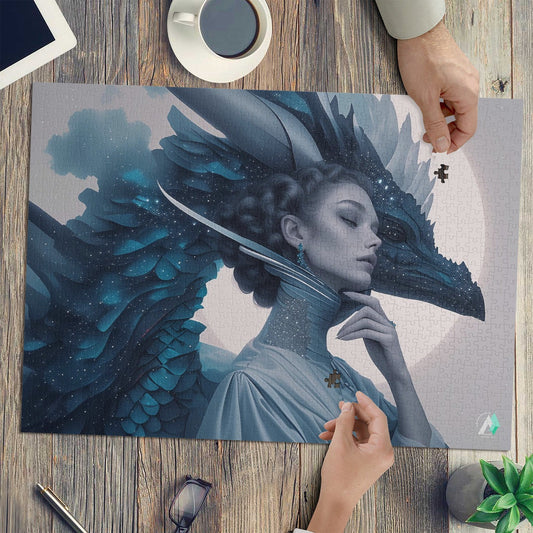 Wyvern Wyre II Puzzle: A 500 or 1000-piece jigsaw featuring a woman with a dragon next to her head, crafted from premium ivory cardboard with satin finish.