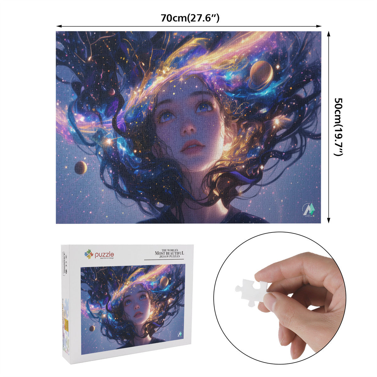 Cosmic Serenity III Puzzle features a colorful-haired girl in a fantastical scene, available in 500 or 1000 pieces, crafted on premium ivory cardboard.