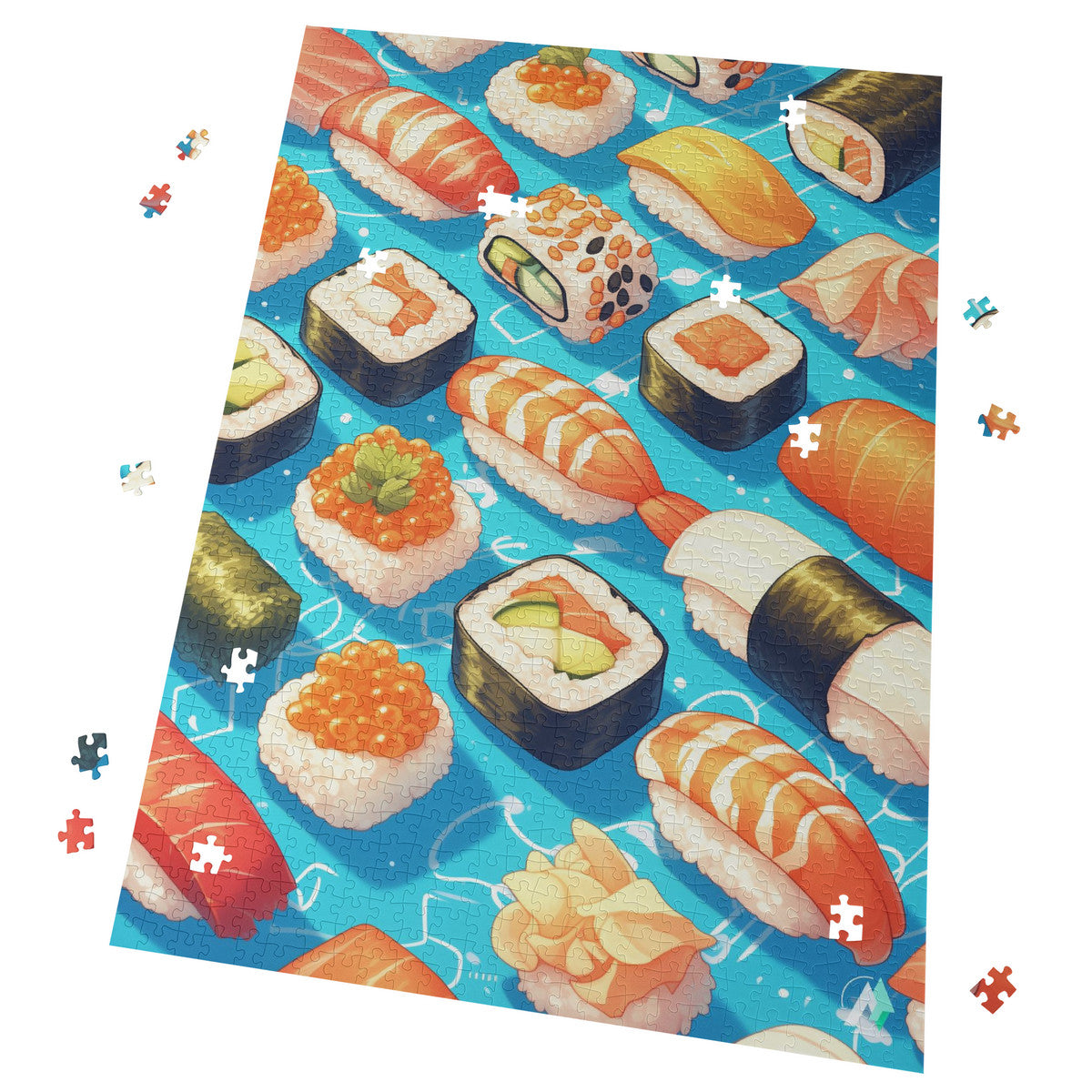Sushi I Puzzle features intricate sushi-themed designs on premium ivory cardboard, available in 500 and 1000 pieces by artist @shinjoku13.