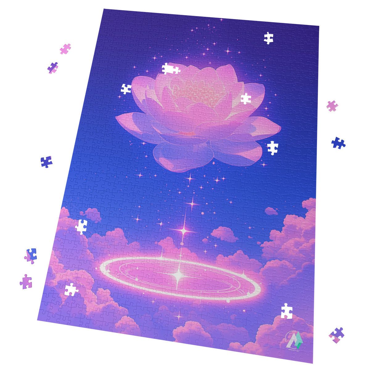Celestial Bloom III Puzzle, featuring a flower design with clouds, available in 500 or 1000 pieces, crafted from premium ivory cardboard.
