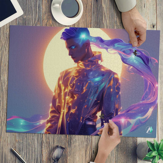 Cy Ber Ne Tic I Puzzle features a man with glowing purple blue hair in a shiny suit, crafted from premium ivory cardboard.