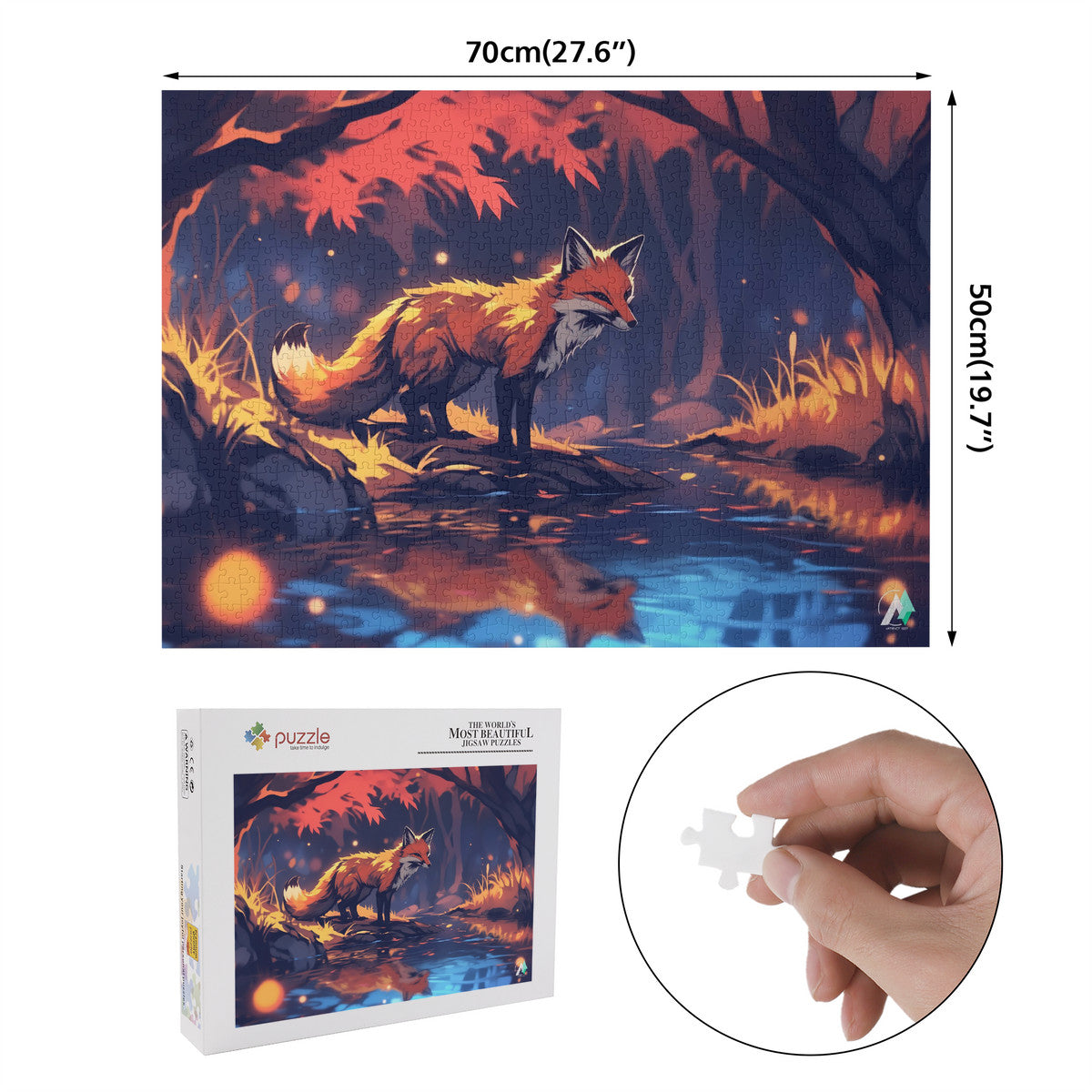 Fall'n for Foxes VIII Puzzle features a fox standing on a river, crafted with premium ivory cardboard in 500 and 1000 pieces.