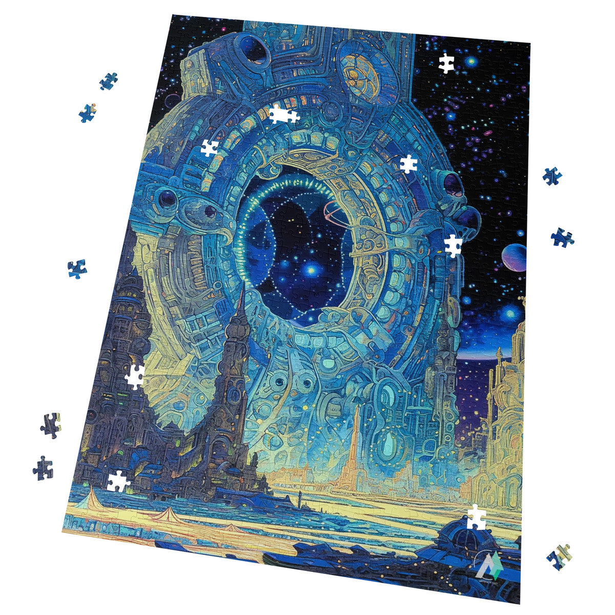Galleria Galactica VI Puzzle: A circular space gate with city backdrop, available in 500 or 1000 pieces, crafted from premium ivory cardboard.