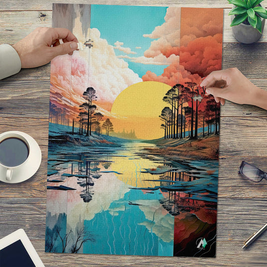 River of Tranquility Puzzle: landscape with sunset, trees, and river; available in 500 or 1000 pieces, crafted from premium ivory cardboard.
