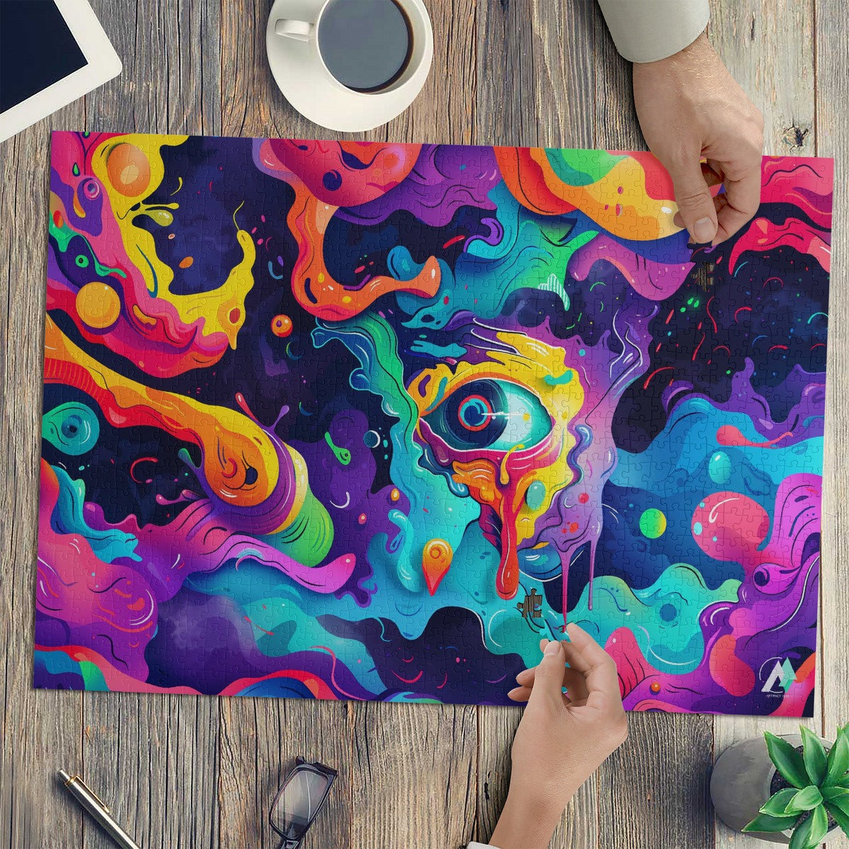 Dreamweaver's Gaze I Puzzle featuring a vibrant abstract design, available in 500 or 1000 pieces, crafted from premium ivory cardboard with satin finish.