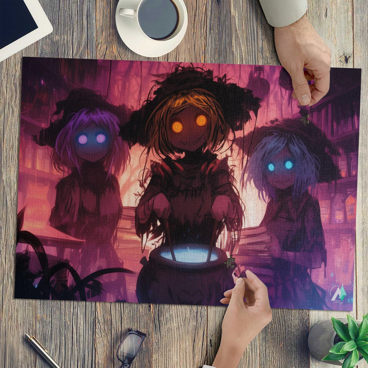 Three Sisters Brew Puzzle featuring anime-inspired artwork of glowing-eyed women, available in 500 and 1000 pieces, crafted on premium ivory cardboard.