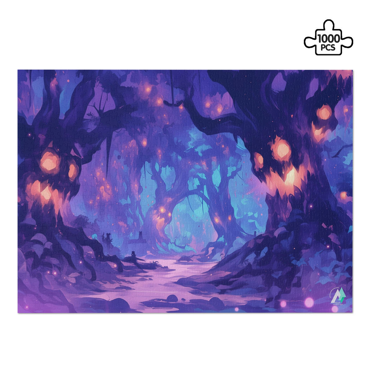 Forest of Haunts Puzzle featuring eerie tree artwork by @drewsidious, available in 500 or 1000 pieces, crafted from premium ivory cardboard.