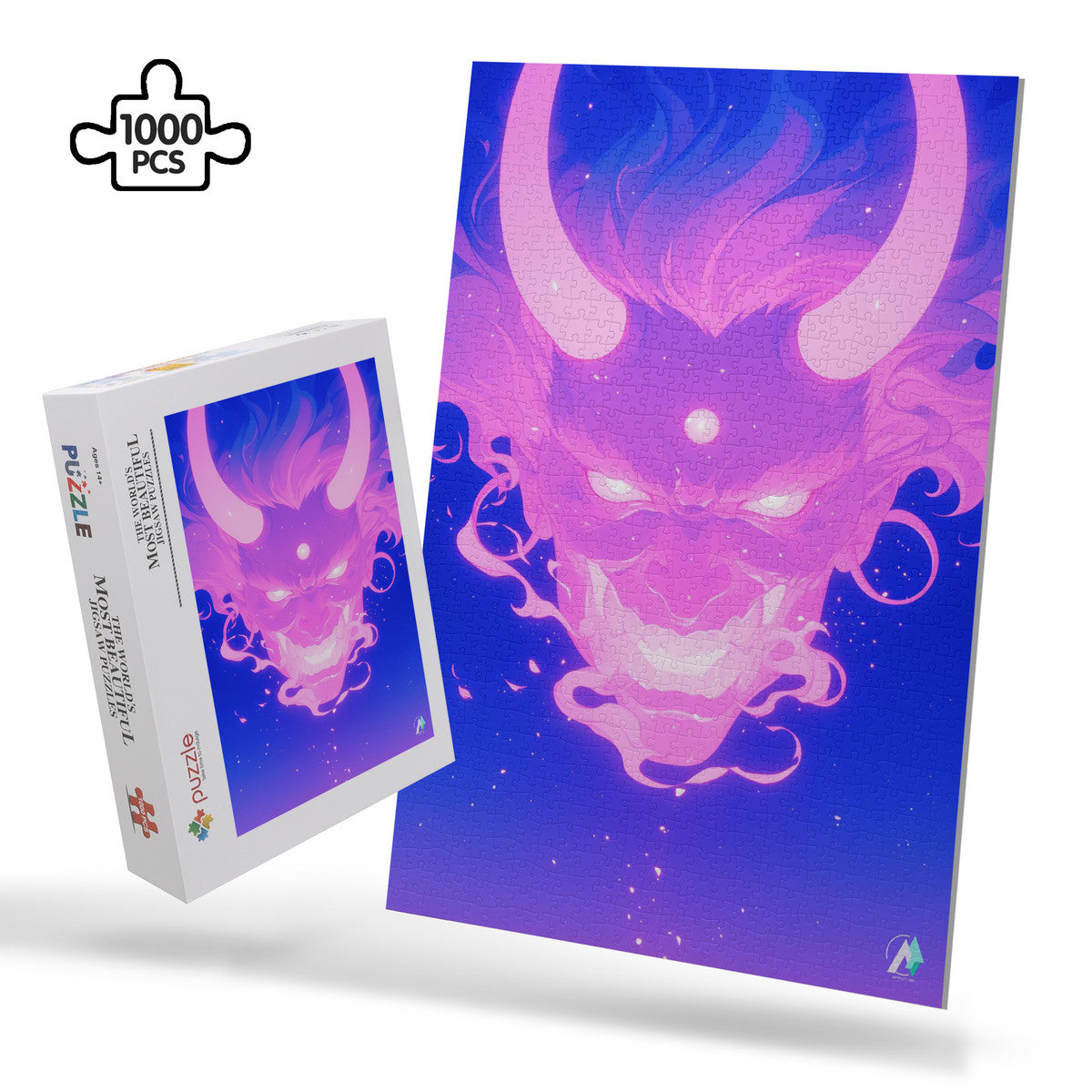 Oni Spirit Mask III Puzzle featuring a demon face with horns, available in 500 and 1000 pieces, crafted from premium ivory cardboard.