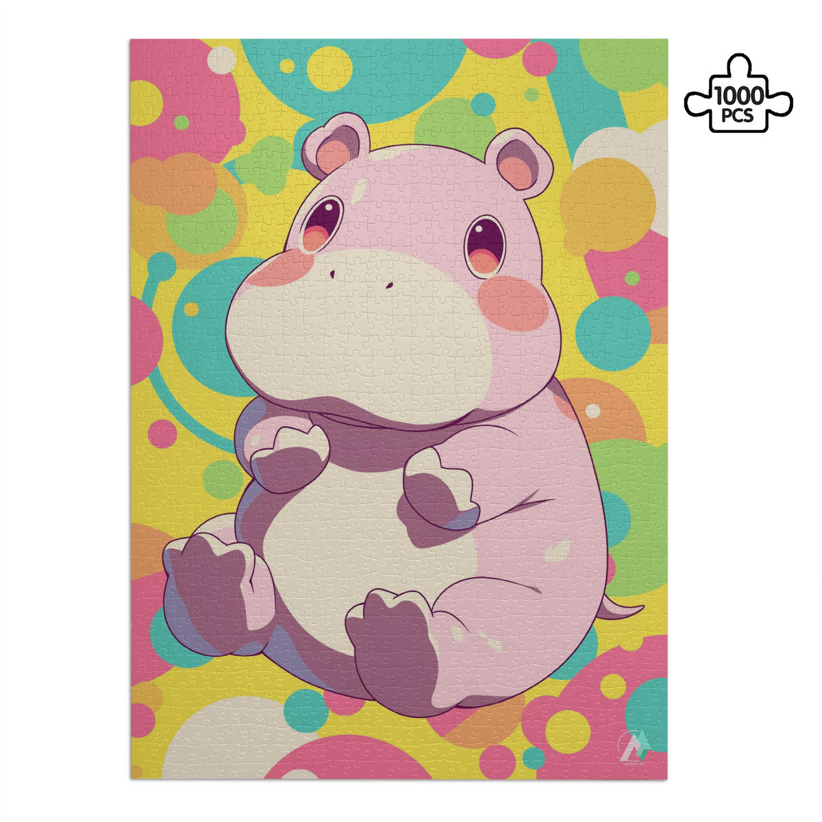 Chibi Safari Hippo Puzzle: Cartoon hippo puzzle by artist @shinjoku13, available in 500 or 1000 pieces, crafted from premium ivory cardboard.