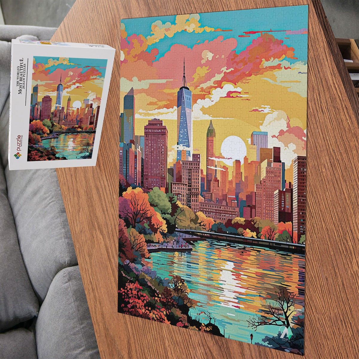 New York in Pastels I Puzzle features a cityscape design, showcasing skyscrapers and buildings in vibrant colors, available in 500 or 1000 pieces, made from premium ivory cardboard.