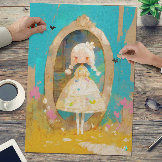 Little House of Horrors IX puzzle featuring a cartoon girl, artwork by @shinjoku13. Available in 500 or 1000 pieces, crafted from premium ivory cardboard.