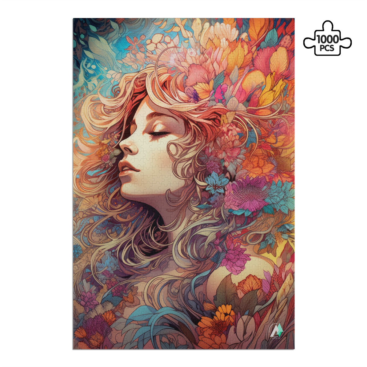 Beauty in Bloom I Puzzle features a woman's portrait with flowers in her hair, available in 500 and 1000 pieces, crafted from premium ivory cardboard.