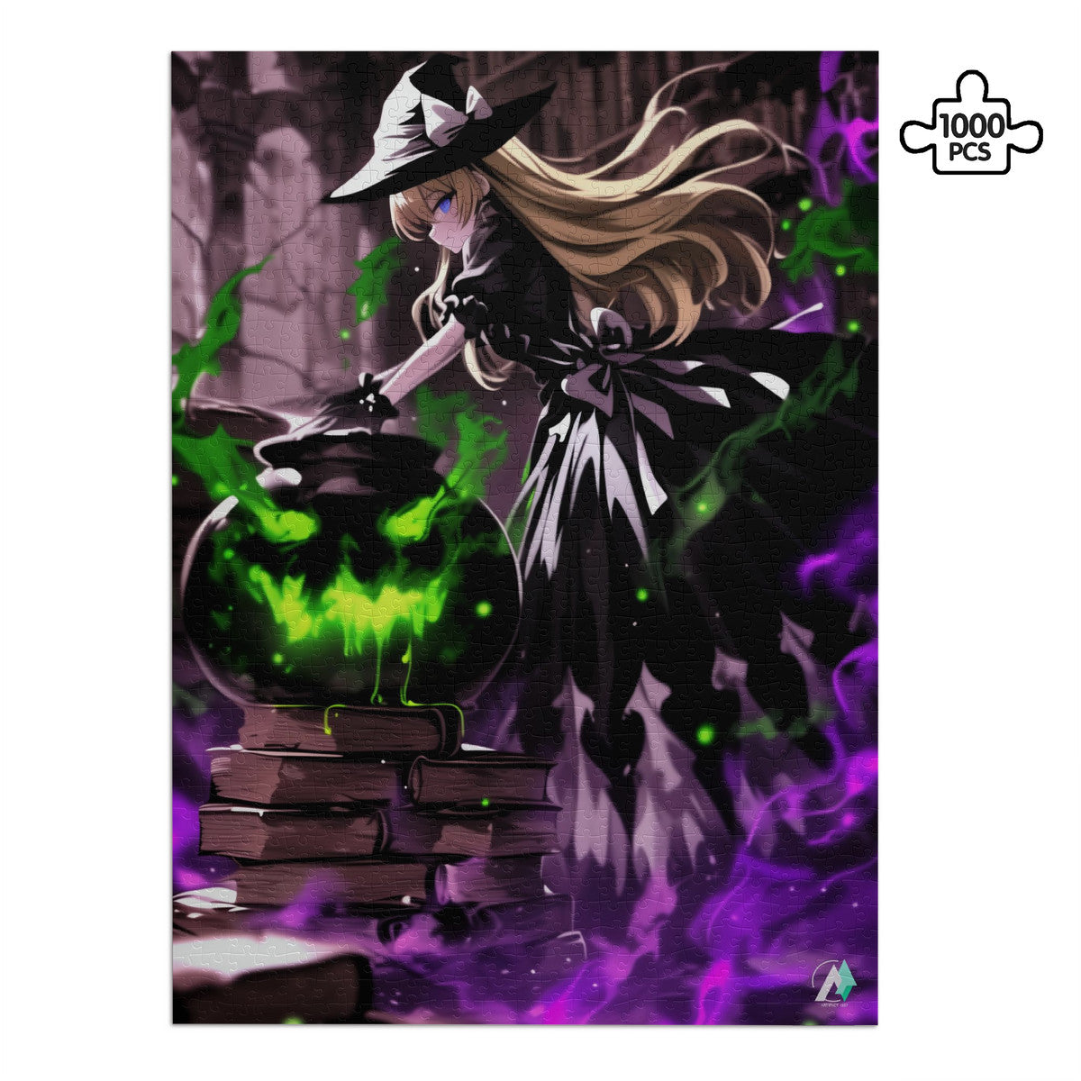 Balliana's Brew Puzzle features a cartoon witch with a cauldron emitting green and purple smoke, available in 500 or 1000 pieces.