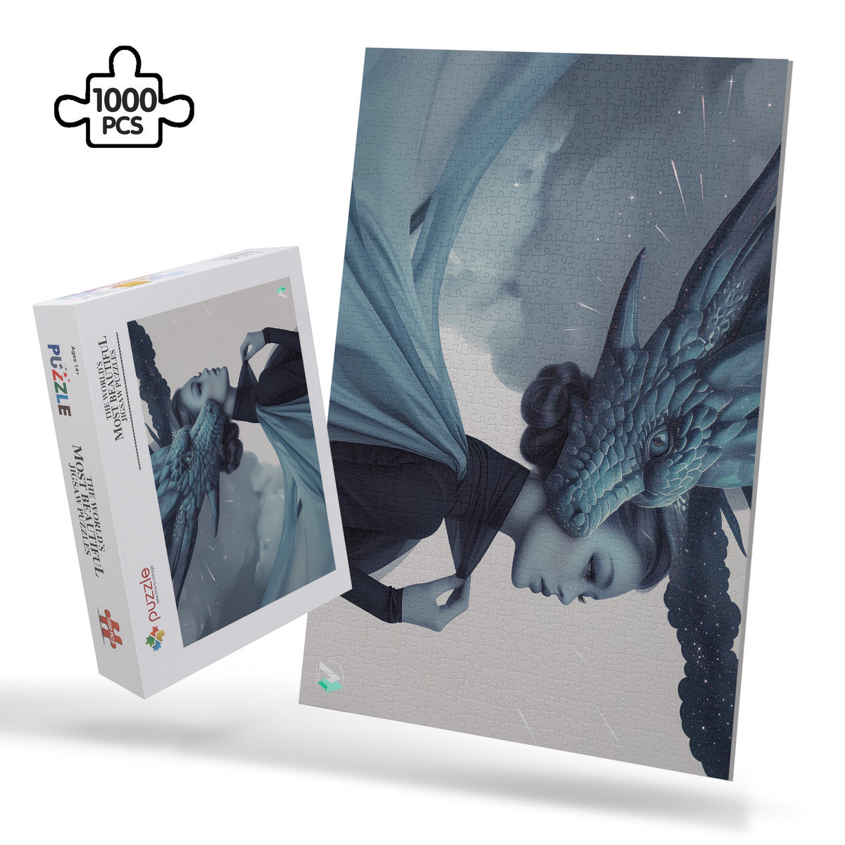 Wyvern Wyre IV Puzzle featuring a woman with a dragon head, available in 500 or 1000 pieces, crafted from premium ivory cardboard.