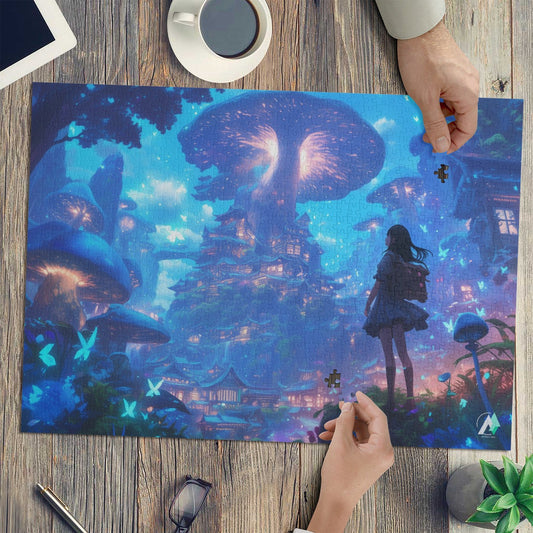 Forest of Magic IX Puzzle: A girl gazes at a whimsical mushroom city, featured in a 500 or 1000-piece premium jigsaw puzzle by artist @shinjoku13.