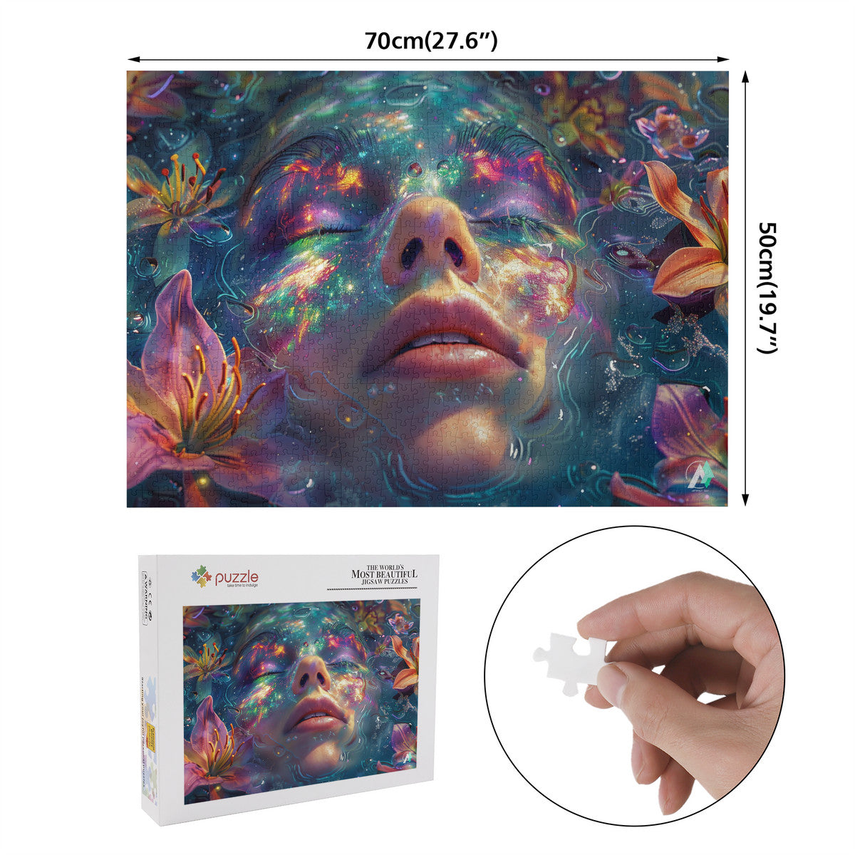 Emergence III Puzzle featuring a woman's face with flowers, available in 500 or 1000 pieces, crafted from premium ivory cardboard with a satin finish.