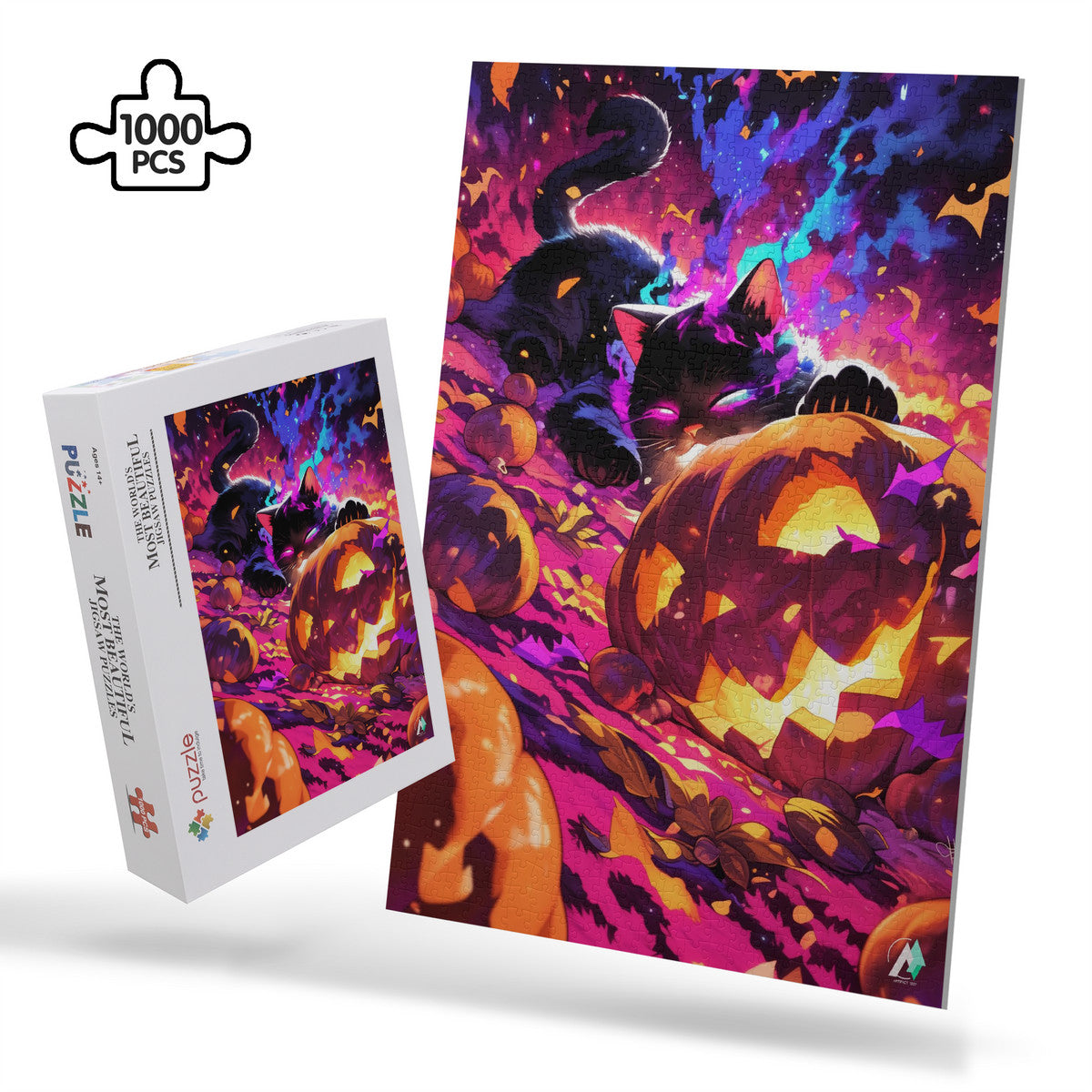Puzzle featuring a cat and pumpkin, titled Pumpkin Patch Pirate II, available in 500 or 1000 pieces, crafted on premium ivory cardboard.