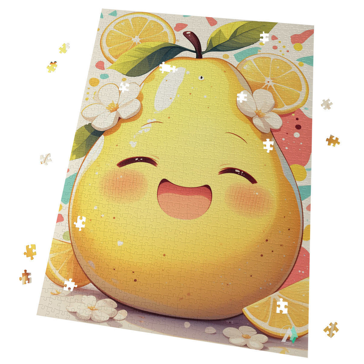Chibi Pear Puzzle, featuring a cartoon pear design, available in 500 and 1000 pieces, crafted from premium ivory cardboard with satin finish.