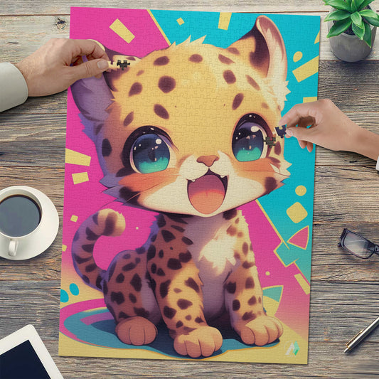 Chibi Safari Cheetah Puzzle features a cartoon cat-themed jigsaw puzzle, available in 500 or 1000 pieces, crafted from premium ivory cardboard.