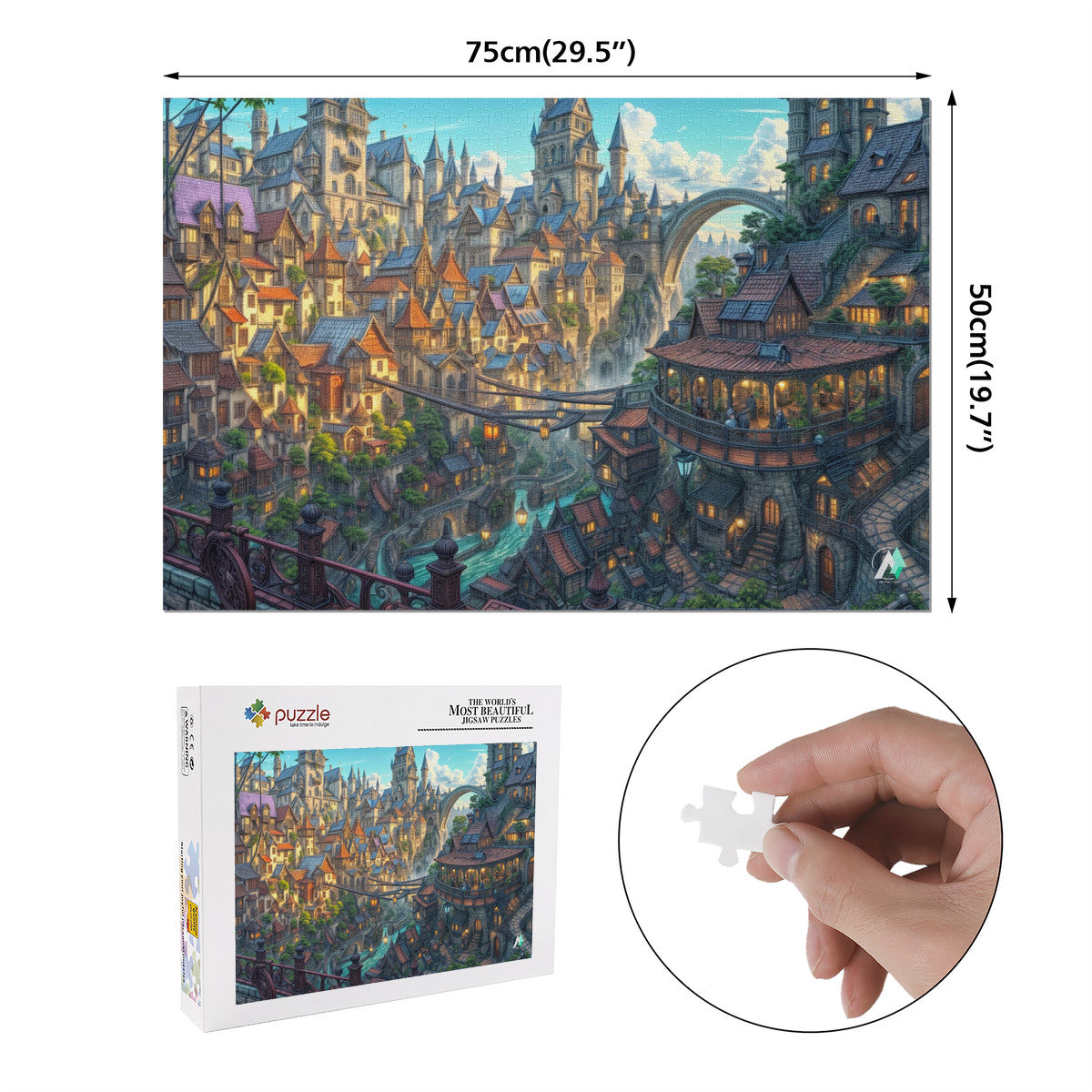 Lumina Heights Puzzle featuring a fantasy cityscape design, available in 500 or 1000 pieces, crafted from premium ivory cardboard with satin finish.