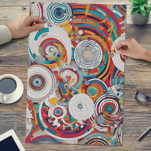 Spiral Abstraction I Puzzle featuring a vibrant, psychedelic spiral design, available in 500 or 1000 pieces, crafted from premium ivory cardboard with a satin finish.