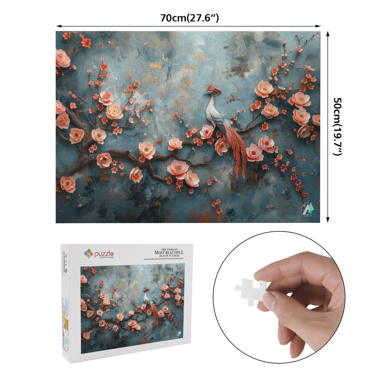 Blossom's Balladeer I Puzzle features a bird perched on a branch surrounded by flowers, available in 500 or 1000 pieces.