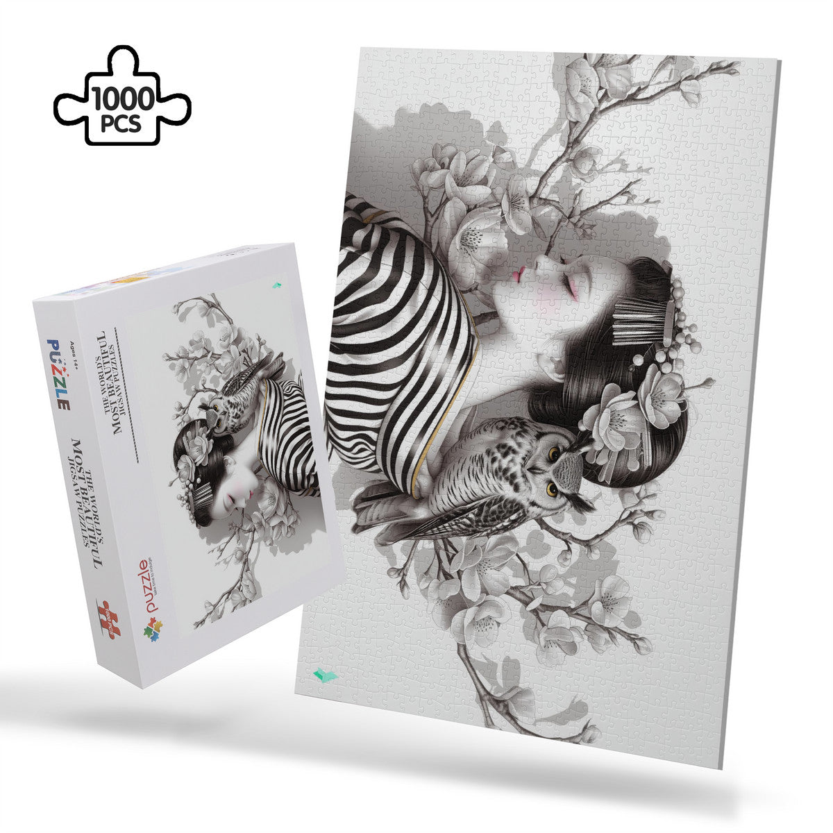 Geisha Perch Puzzle features a woman with an owl on her shoulder, available in 500 or 1000 pieces, crafted from premium ivory cardboard.