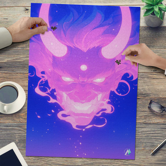 Oni Spirit Mask III Puzzle featuring a demon face with horns, available in 500 and 1000 pieces, crafted from premium ivory cardboard.