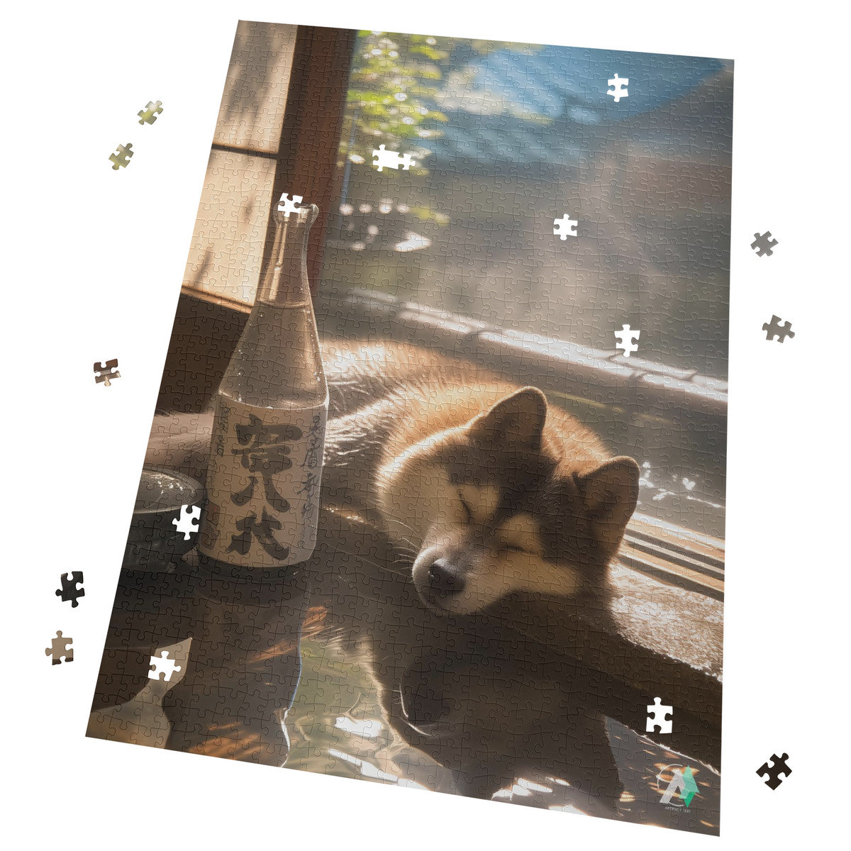 Dozy Dog II Puzzle featuring a sleeping dog, available in 500 and 1000 pieces, crafted from premium ivory cardboard with a satin finish.