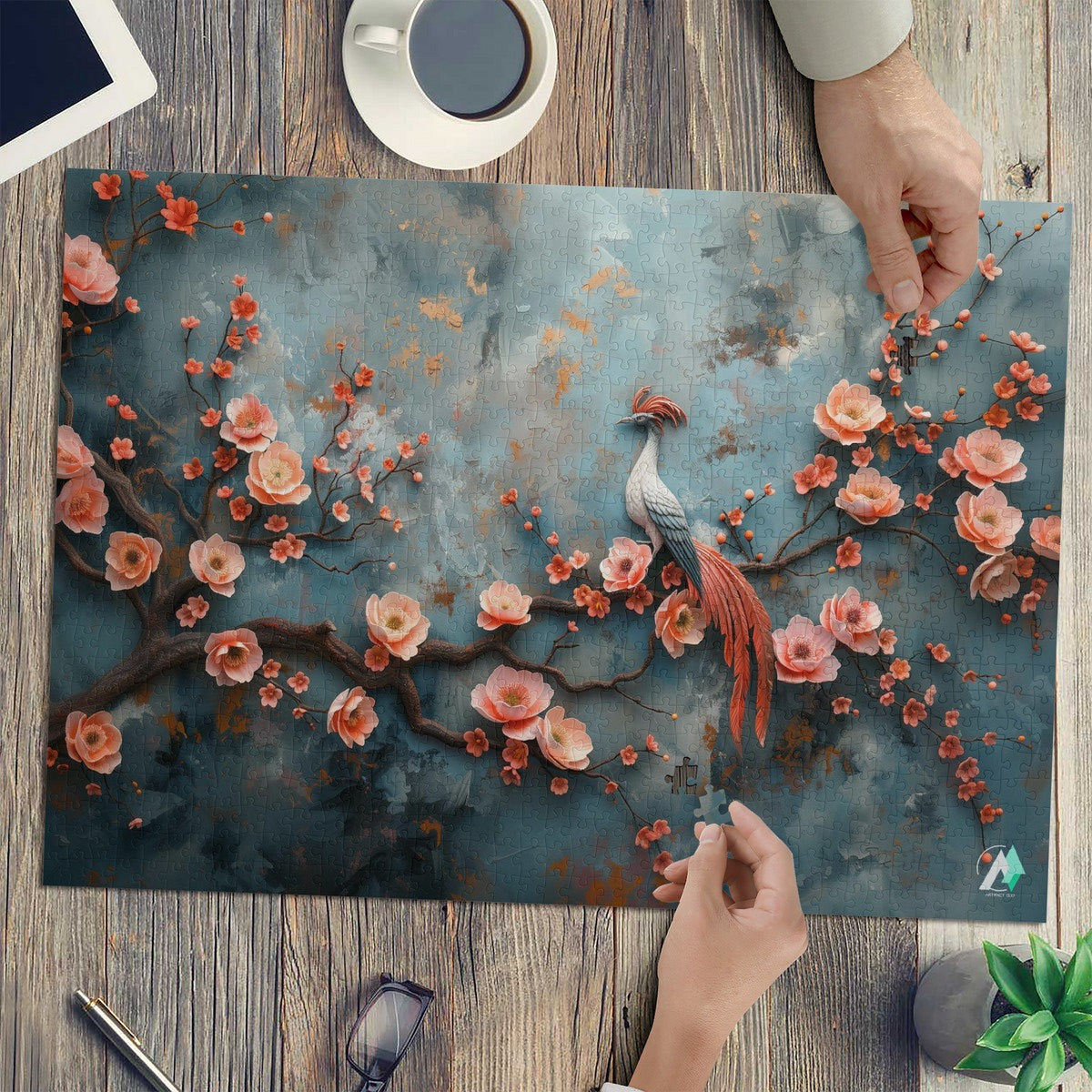 Blossom's Balladeer I Puzzle features a bird perched on a branch surrounded by flowers, available in 500 or 1000 pieces.
