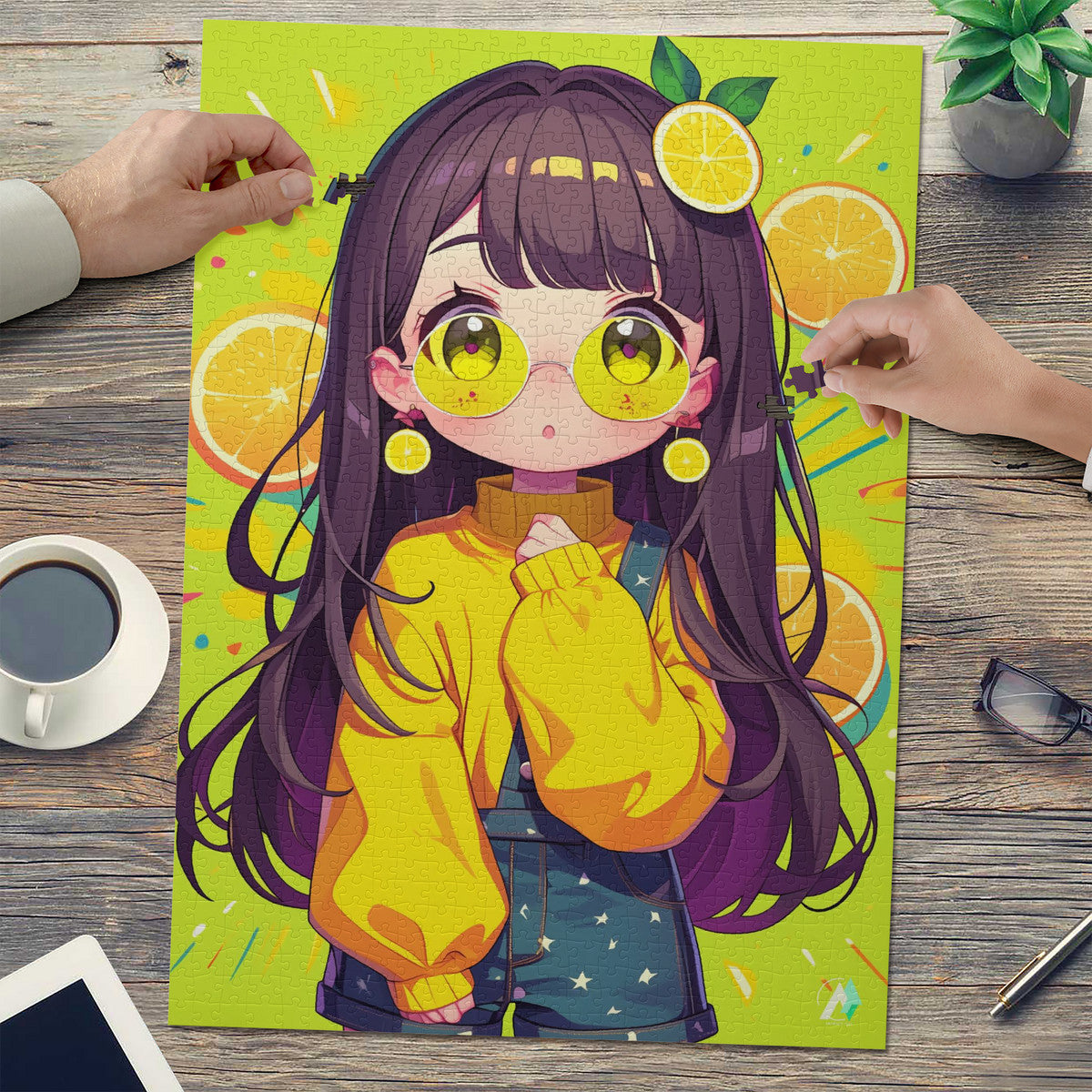 Chibi Limona Puzzle featuring a cartoon girl with yellow glasses and overalls and lemons, available in 500 and 1000 pieces, crafted from premium ivory cardboard.