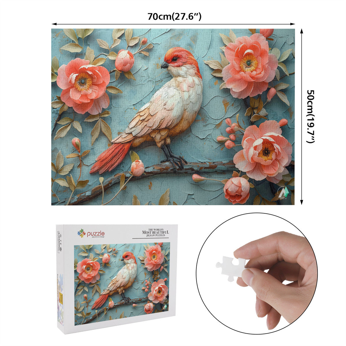 Blossom's Balladeer II Puzzle featuring a bird perched on a branch amidst flowers, available in 500 or 1000 pieces, crafted from premium ivory cardboard.
