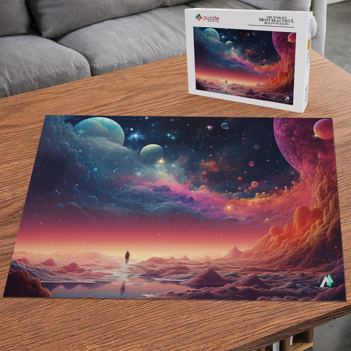 Nanoscape I Puzzle featuring a colorful planetary sci-fi design, available in 500 and 1000 pieces, showcasing artwork by @lyashko.ai.