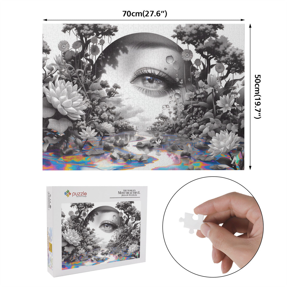 Peering Into III Puzzle: A jigsaw puzzle featuring a woman's eye surrounded by flowers, crafted from premium ivory cardboard. Available in 500 and 1000 pieces.