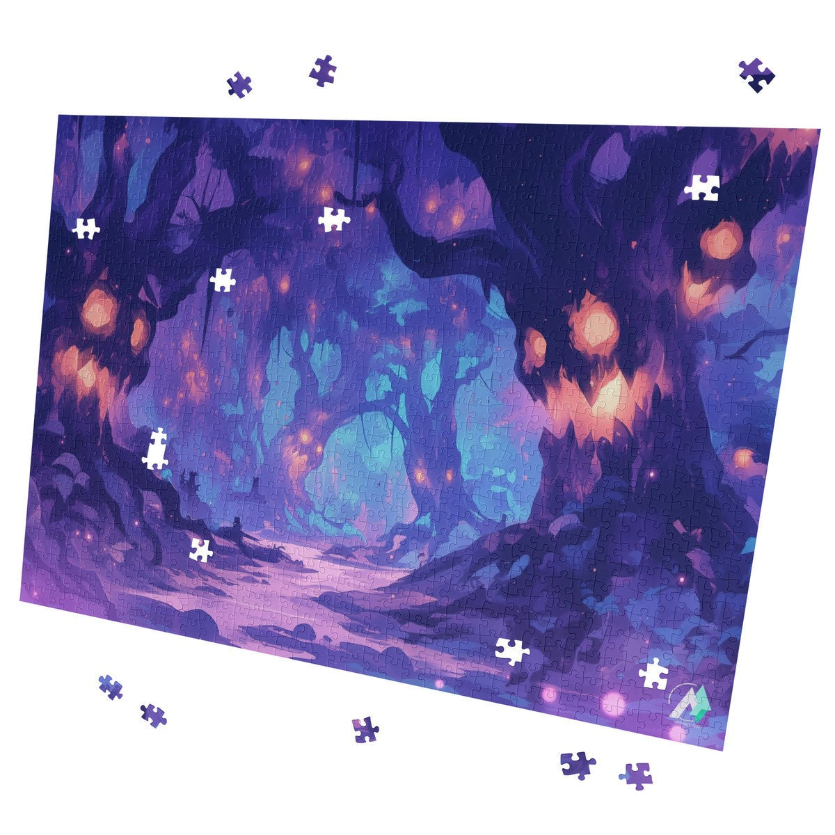 Forest of Haunts Puzzle featuring eerie tree artwork by @drewsidious, available in 500 or 1000 pieces, crafted from premium ivory cardboard.